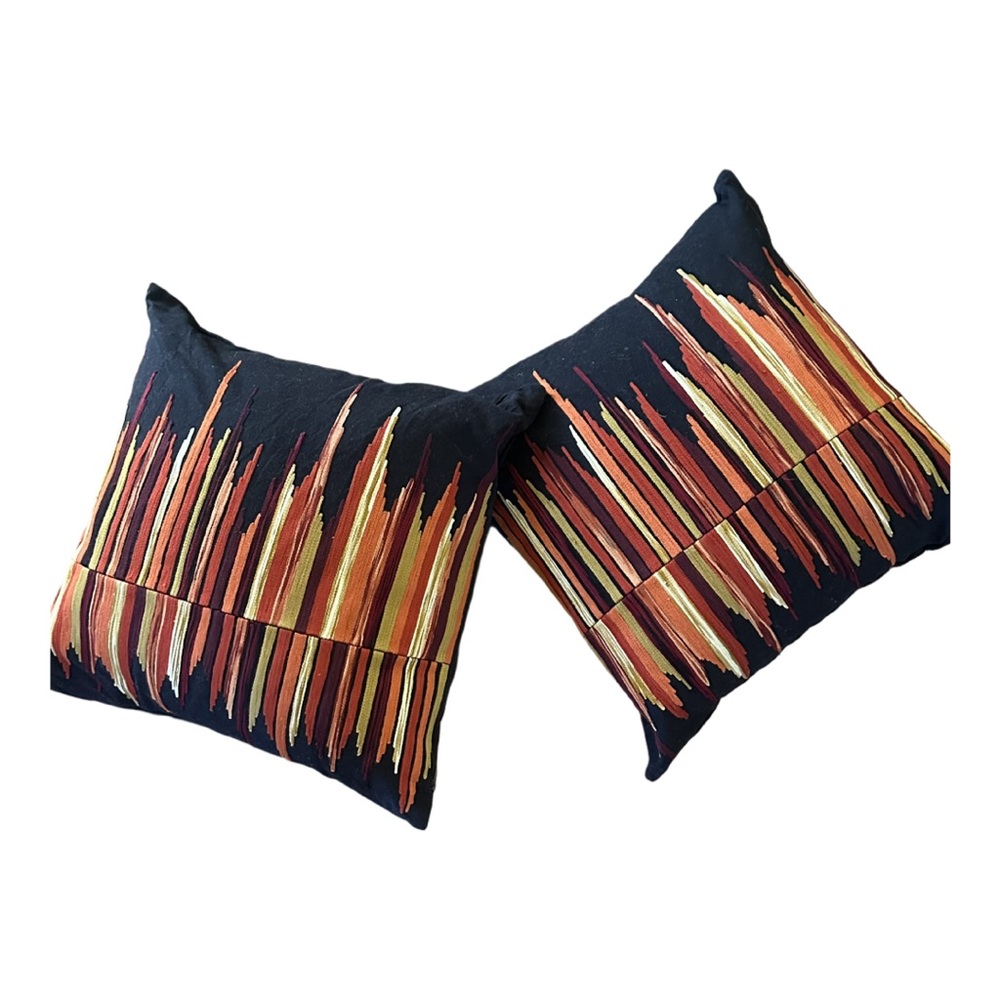 Crate & Barrel Black Red‎ Embroidered Accent Pillows Striking Design Set of 2